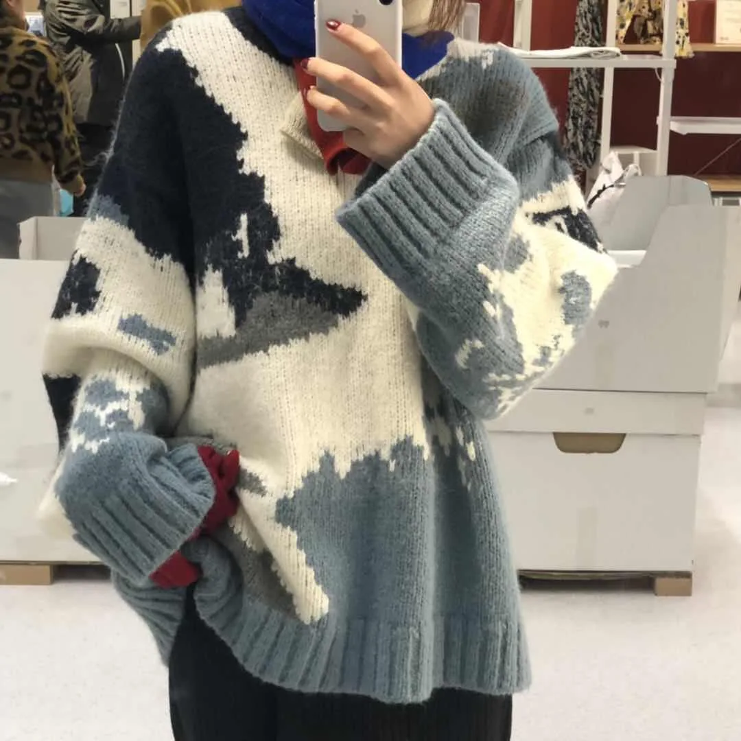 

Contrast Color Print Sweater Women Pullover 2021 Autumn Winter Korean Thick Long Sleeve Knit Jumper O-Neck Warm Sweaters
