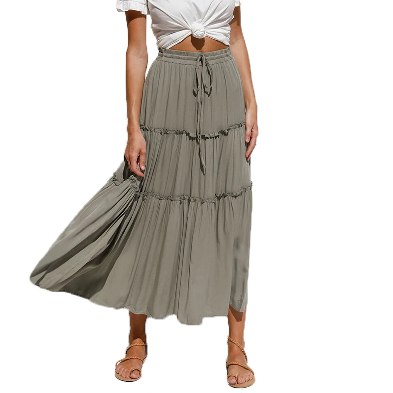 

Pleated Skirt Women Summer Casual Lace-Up Elastic Waist Midi Skirt Woman Patchwork Ruffles High Waist Skirts