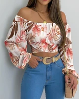 autumn women leaf print crossed tied crop top 2022 femme casual off shoulder ruched long sleeve blouse y2k office lady outfits