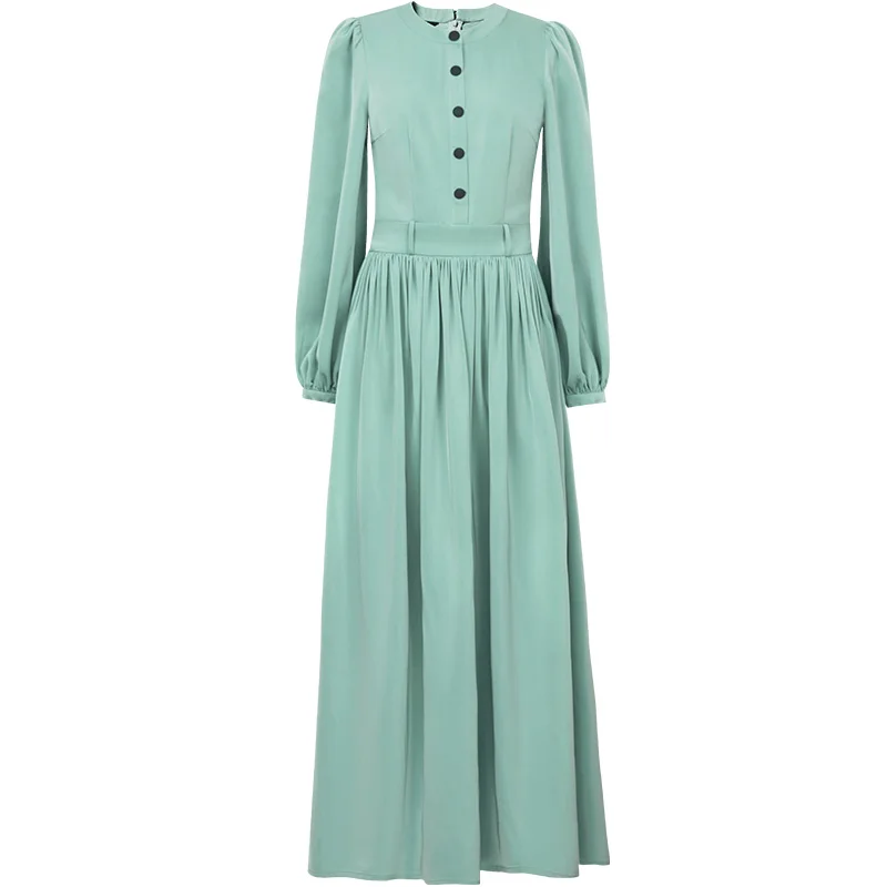 

2020 Autumn Fashion Green Dress High Quality Brand Clothing Women Black Buttons Deco Long Sleeve Large Swing Dress Plus Size