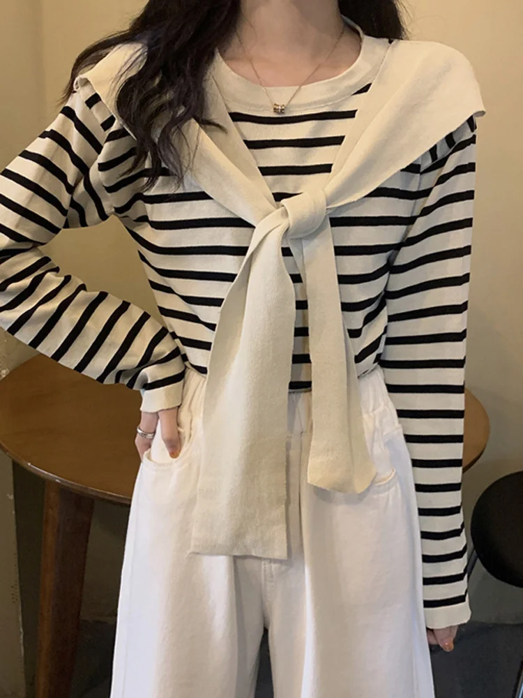 Новинка 2021 студенческий Полосатый Топ с длинным рукавом свитер женская