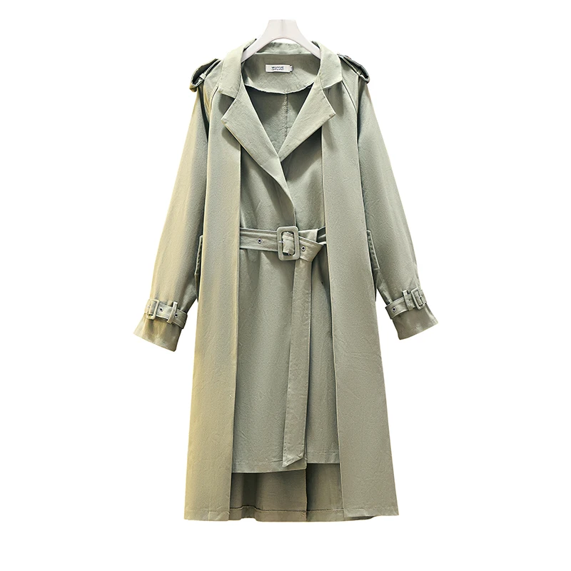 

Plus Size Women Green Bandage Long Trench New Lapel Long Sleeve Loose Windbreaker Spring Autumn Fashion Women Elegant Coats 2021