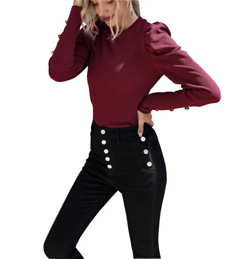 

ThornTree Shirts Women Fall Autumn Style Long Puff Sleeve O-neck Blouse Tops Female Fashion Solid Color OL Shirts Outwear 2020