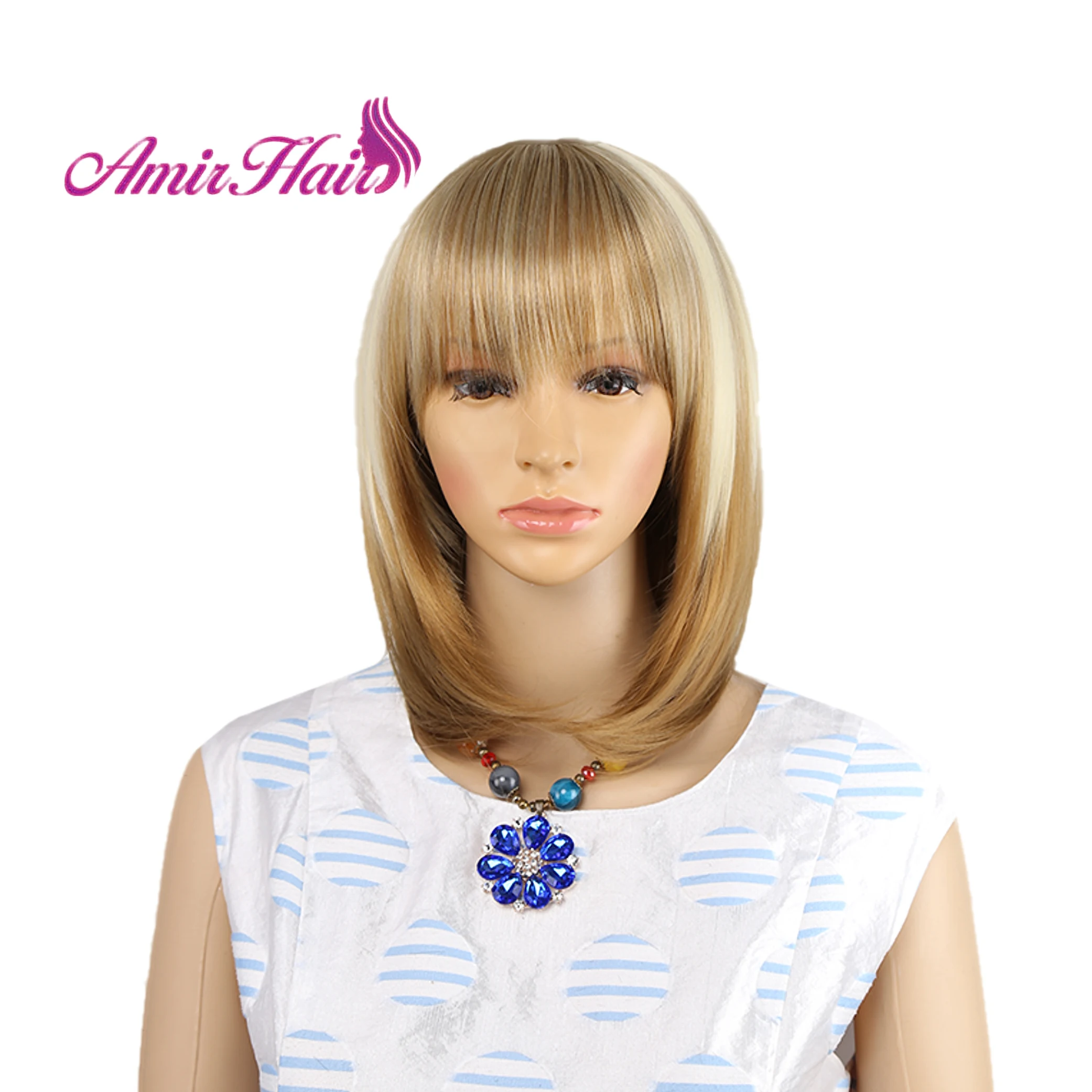 

Amir Ombre Synthetic Wigs With Bangs For Women Medium Length Bolnde mixed white color Bob wig Heat Resistant Fiber Cosplay hair
