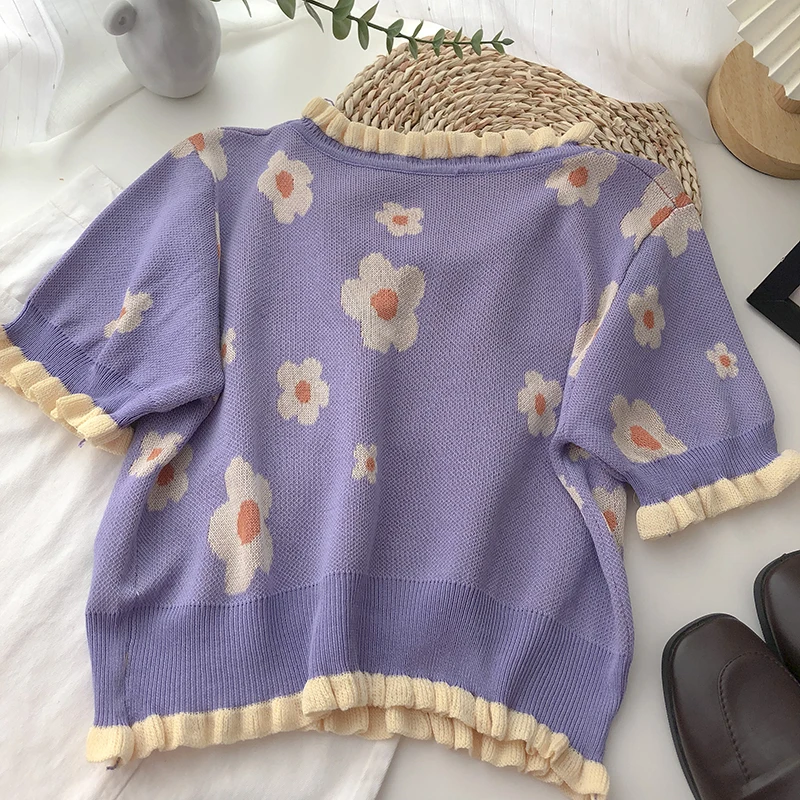 

Vintage Sweet Round Collar Wood Ear Short Flower Knitted Short-sleeved T-shirt Top Girl