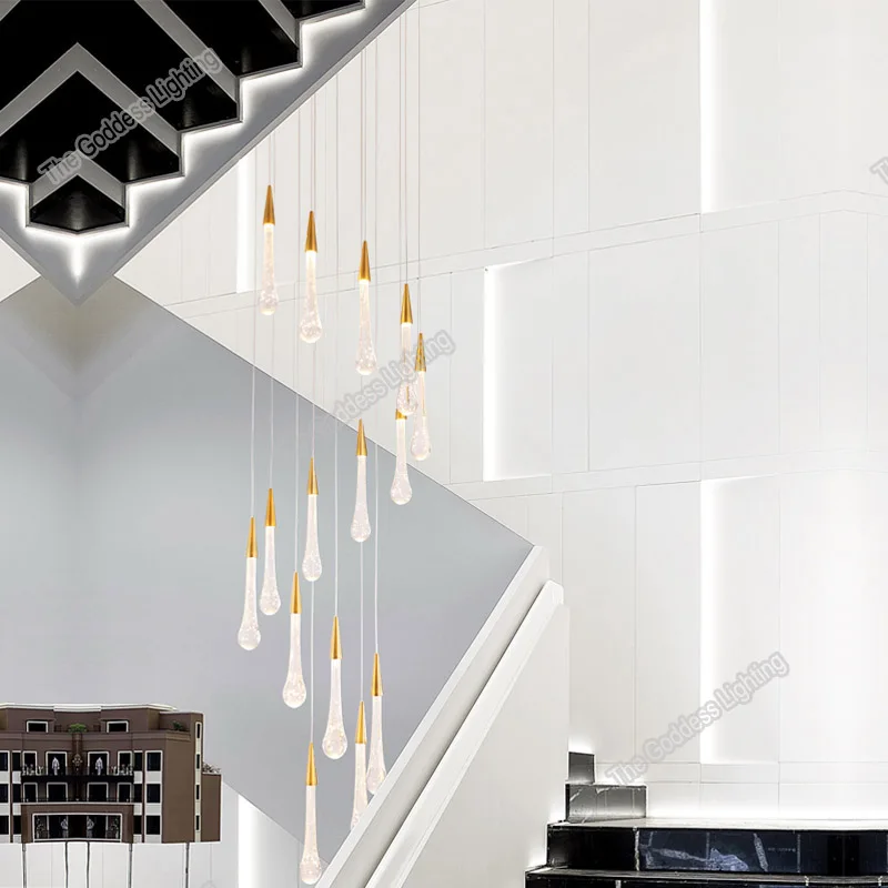 Lámpara de techo de cristal moderna para decoración del hogar, lámpara de gota de lluvia para arañas LED, escalera, cocina, sala de estar, iluminación interior de lujo