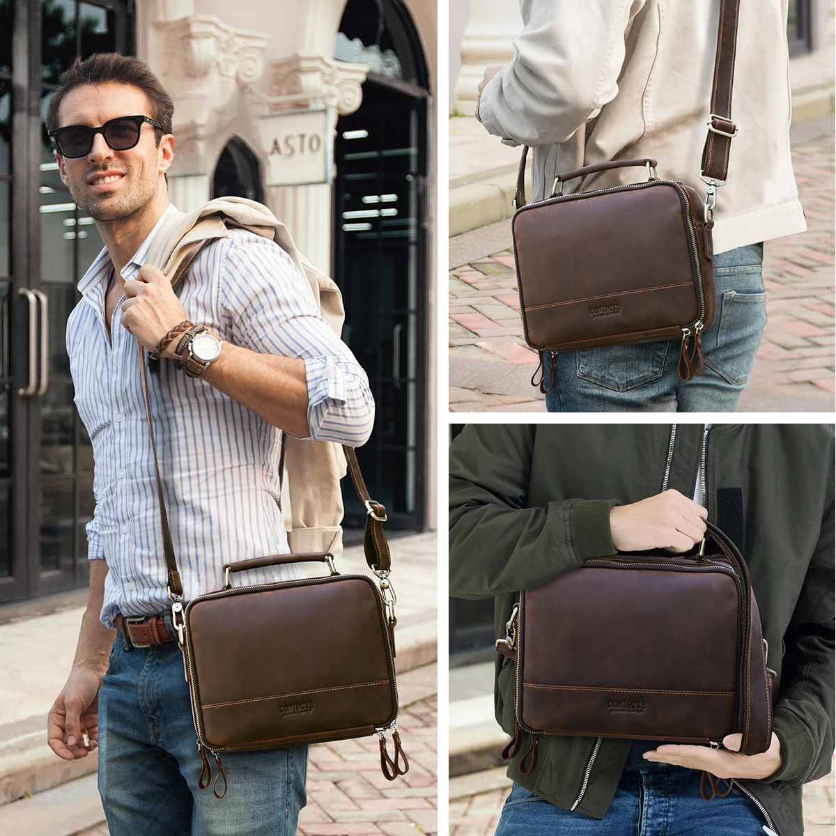 Crazy Horse Leather Fashion Casual Business Briefcase Bag For Men Messenger Bag Male Document Tote Portfolio 7.9 inch Handbag