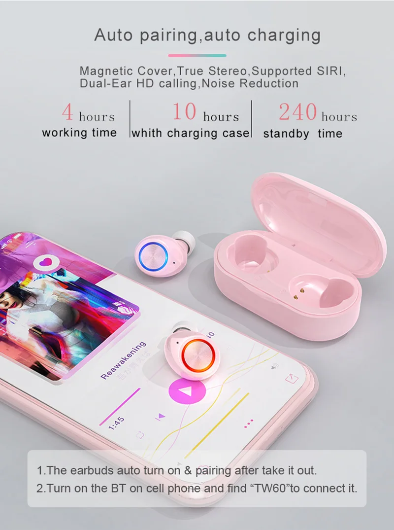New fashion bluetooth 5.0 earphone mini wireless earbuds tw 60 noise reduction with charging box | Электроника