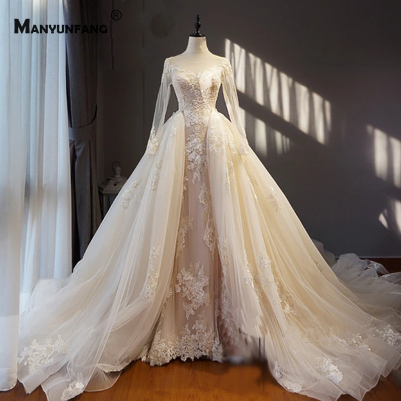 

High-End O-Neck Full Sleeve Detachable Train Bridal Ball Gown Elegant Embroidery Appliques Tulle Lace Up Mermaid Wedding Dress