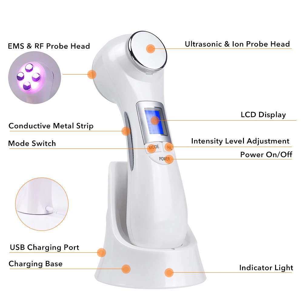 

Multifunctional 6-in-1 LED Photon RF EMS Ultrasonic Vibration Ion Lifting Face Skin Cleaner Ultrasound Wrinkle Remover