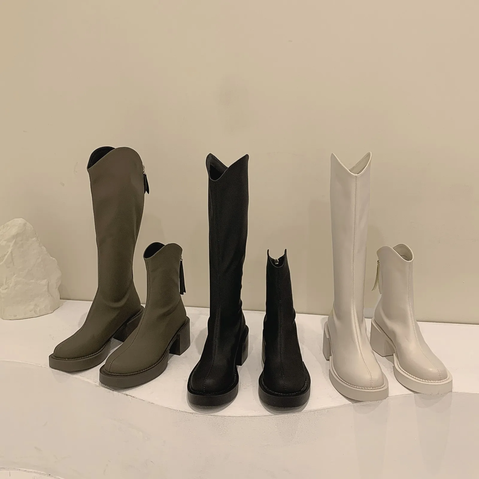 

Lady Boots Rock Shoes Woman Boots-Women Chelsea Round Toe Rubber Mid Calf 2021 Low Autumn Mid-Calf Cotton Fabric PU Mid-Calf Ho