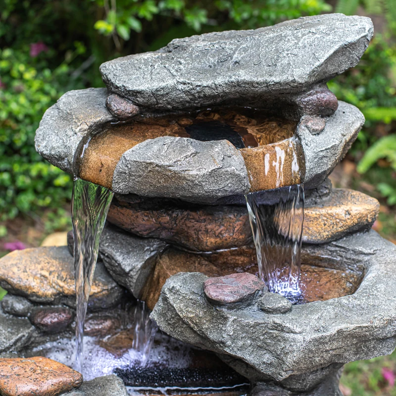 

USA in Stock42 inch Outdoor 4-Tier Floor Rack Water Fall Fountain with White LED Light for Patio Yard Garden Lawn