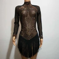 sexy womens crystals tassels black mesh perspective slim short dress female classical nightclub pole dance performance costumes