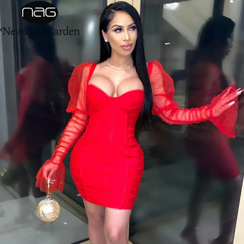 Элегантное платье NewAsia с пышными рукавами женское однотонное Сетчатое