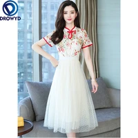 2021 new lace gauze fashion modern cheongsam oriental dress women short sleeve qipao traditional chinese clothes
