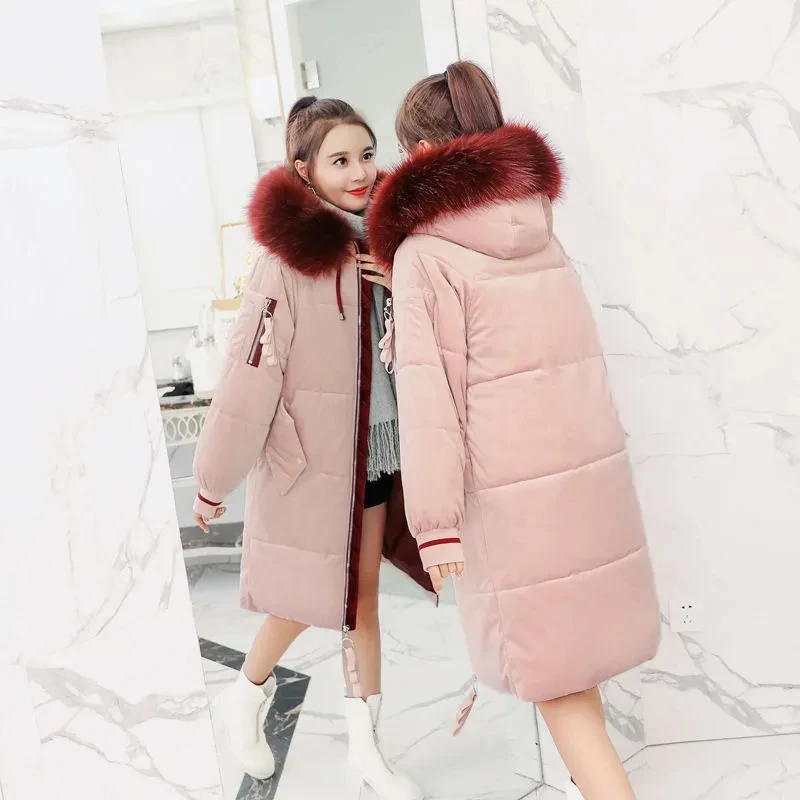 2021 Golden Velvet Winter Down Jacket For Women Hooded False Fur Warm Thicken Female Cotton Long Loose Puffer Jackets | Женская одежда