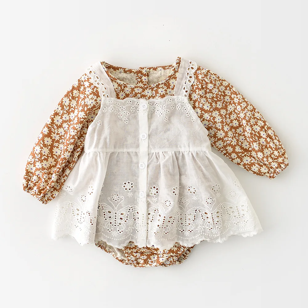 

2021 spring and autumn new style Korean long-sleeved baby girl floral bag fart dress lace suspender dress two-piece suit