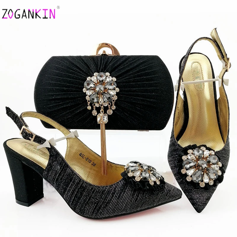 Latest Fashion Crystal Silver Color Pointed Toe Sandals And Bag Set African Style Woman Shoes Matching Purse | Обувь