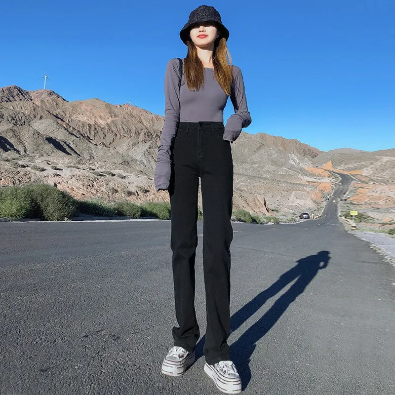 

GUUZYUVIZ Black Thicken Velvet Stretch Jeans Woman Warm Plush Denim Straight Pants Mom High Waist Vaqueros Mujer