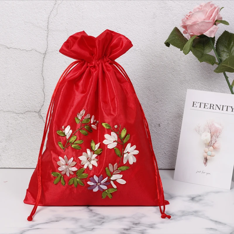 1pc Embroidered Small Satin Jewellery Pouch Gift Packaging Bags Handmade Ribbon Embroidery Drawstring Empty Sachet | Дом и сад