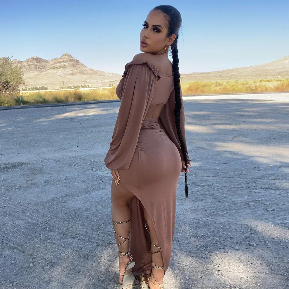 

Donsignet Women's Sets Long Sleeve Open Navel Irregular Long Dress Set Solid Color Sexy Nightclub Dress Fashion Bandage Vestidos