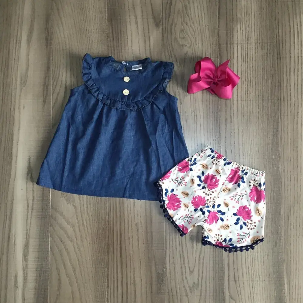 Летние джинсовые шорты с помпоном для маленьких девочек темно синие цветочным