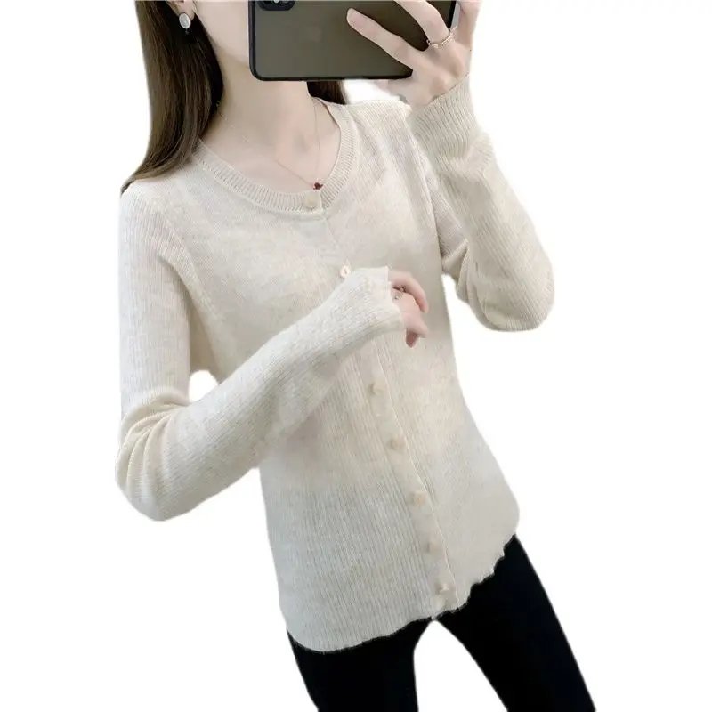 Однотонный вязаный кардиган с длинным рукавом и круглым вырезом 20887 |