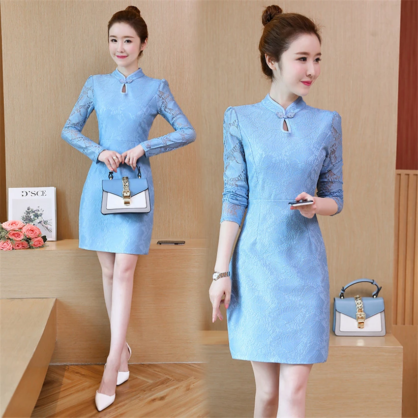 

Vintage Woman Cheongsam Dress Retro Traditional Chinese Style Lace Long Sleeve Qipao Elegant Oriental New Year Evening Dress