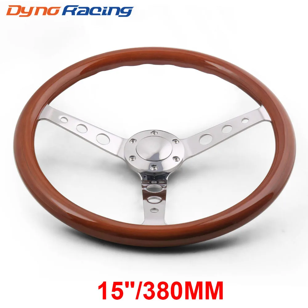 

Universal 380mm 15 inch Classic Real Wood Steering Wheel with Rivet Black Wooden Racing Car Steering Wheel Chrome Silver Spoke