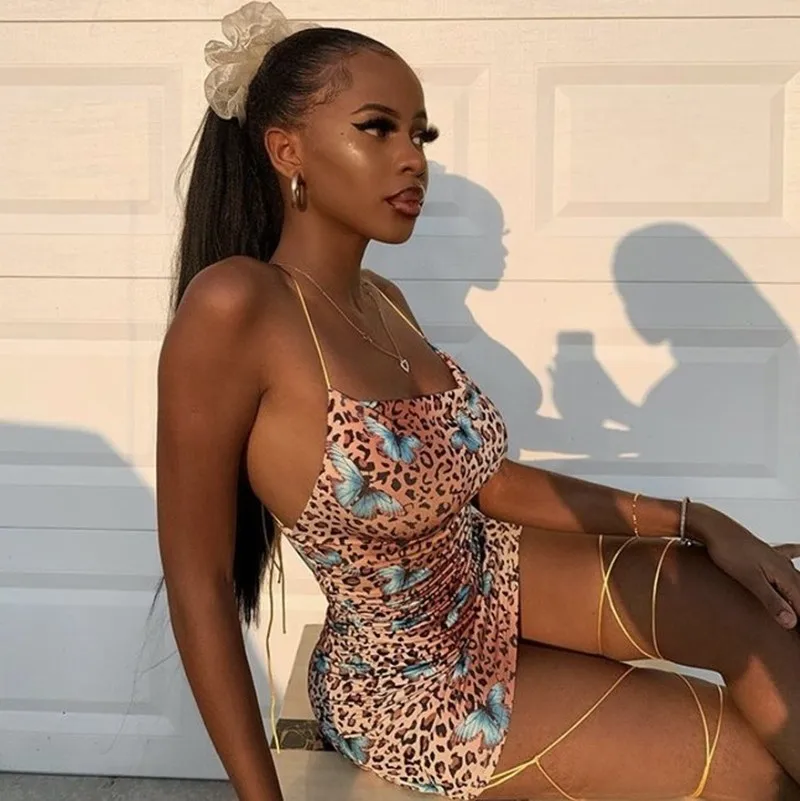 

Sexy Spaghetti Strap Summer Dress Women Clothing Lace Up Backless Sexy Bodycon Dress Beach Leopard Print Bandage Club Mini Dress