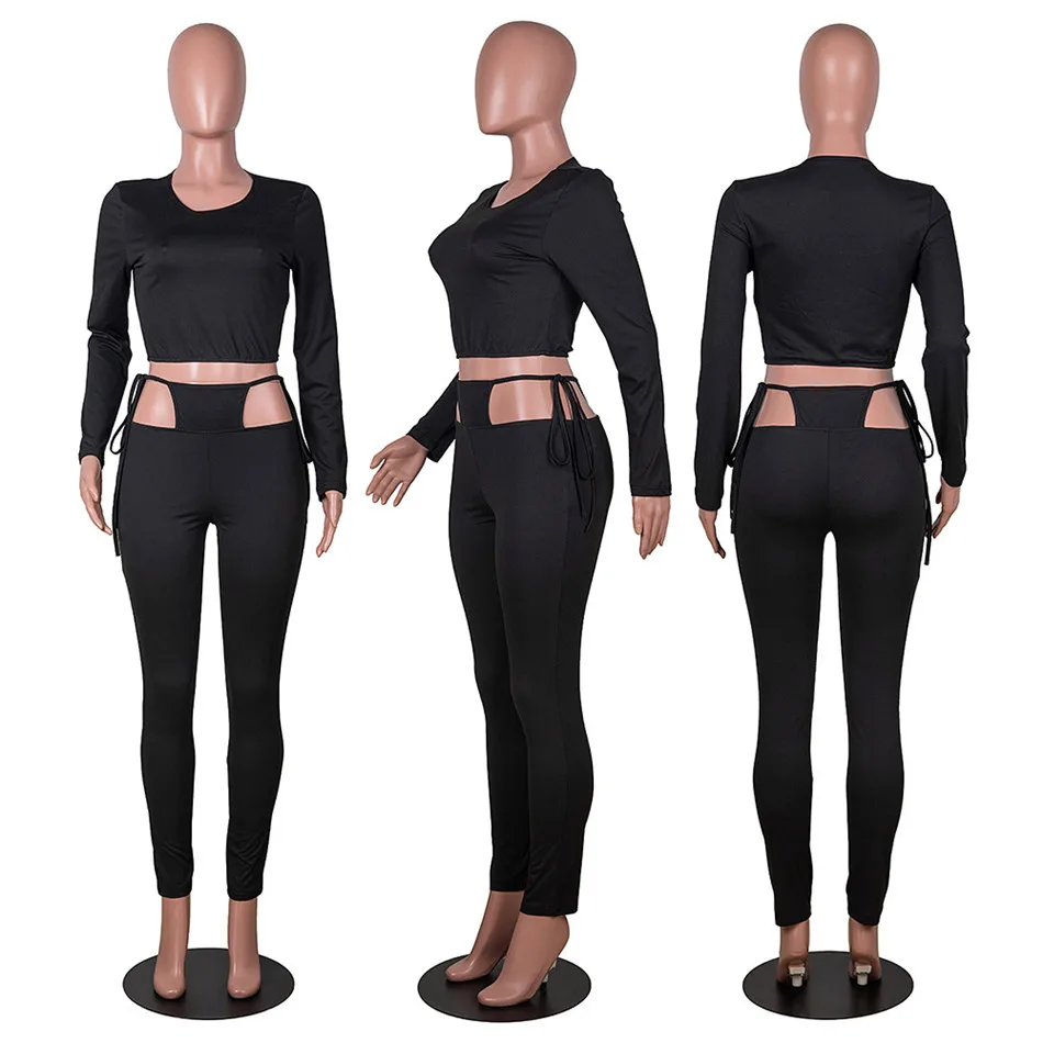 

Women Sexy 2 Piece Suits Solid Round Neck Full Sleeve Short Tops Drawstring Ankle-Length Pants Exposed Navel Hollow Out Slim Fit