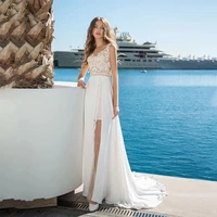 bohemian wedding dresses elegant scoop neck sleeveless lace appliques front split backless a line sweep train bridal gowns 2021