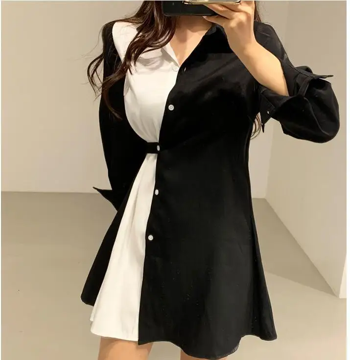 

Ladies Sexy A-line Elegant Mini Dresses Long Sleeve Robe Femme Women Autumn Black White Patchwork Bandage Shirt Dress