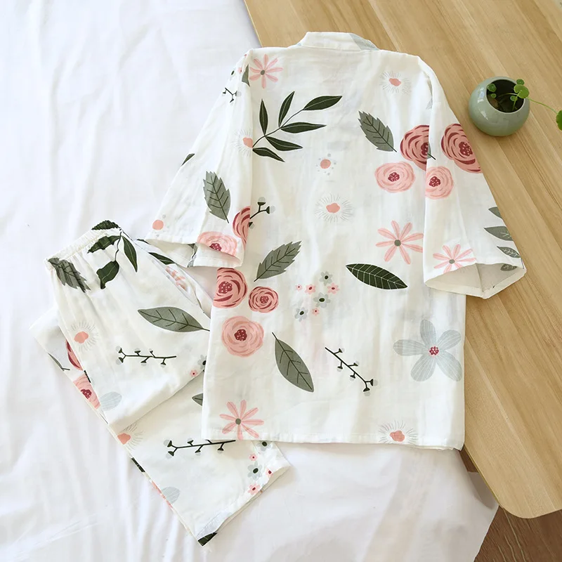 2023 new Japanese kimono suit pajamas spring and summer ladies cotton three-quarter sleeves big flowers home clothes thin loose