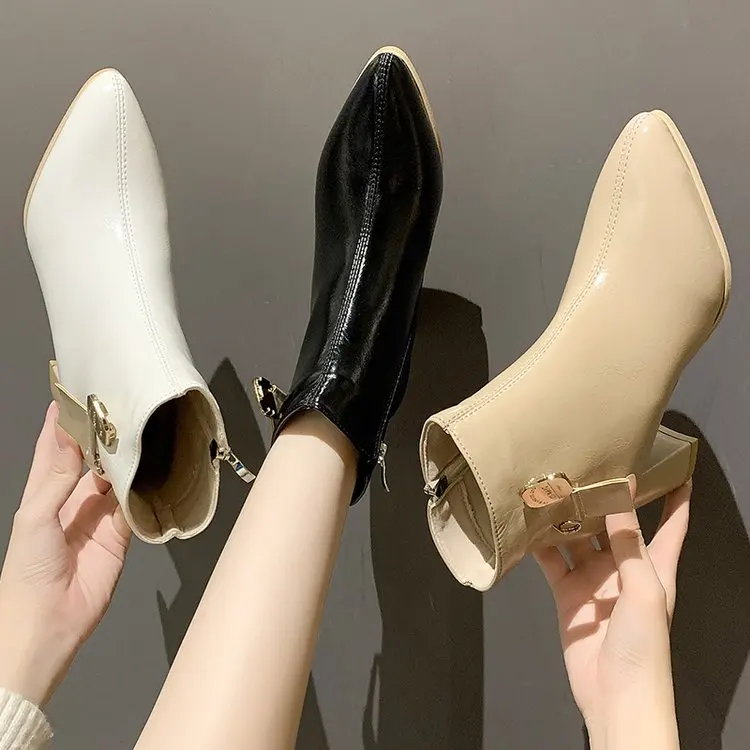 

Женские брендовые Элегантные ботильоны, осенне-зимние теплые ботинки из коровьей кожи на высоком металлическом каблуке, для вечеринки, офи...