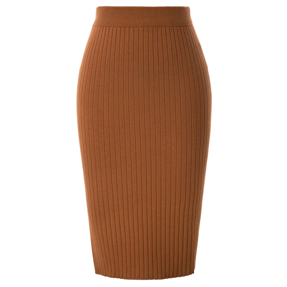 

KK Women Ribbed Knitted Skirt Elastic Waist Hips-Wrapped Back Vent High Stretchy Center Back Split Design At The Base Of Hemline