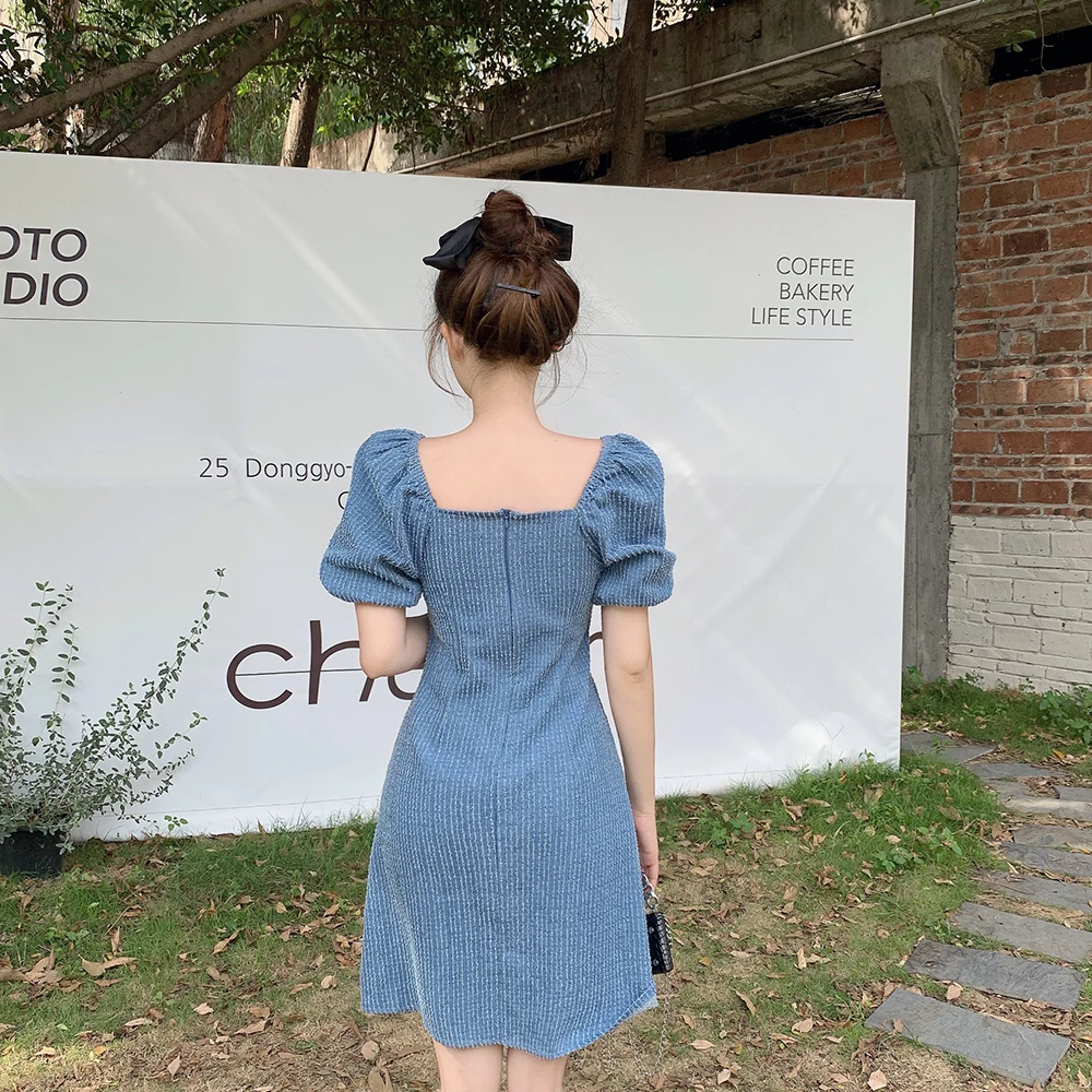 

Plus Size Denim Dress Women 2021 Summer Korean Style Vintage Square Collar Puff Sleeve High Waist A Line Blue Jeans Dress D20