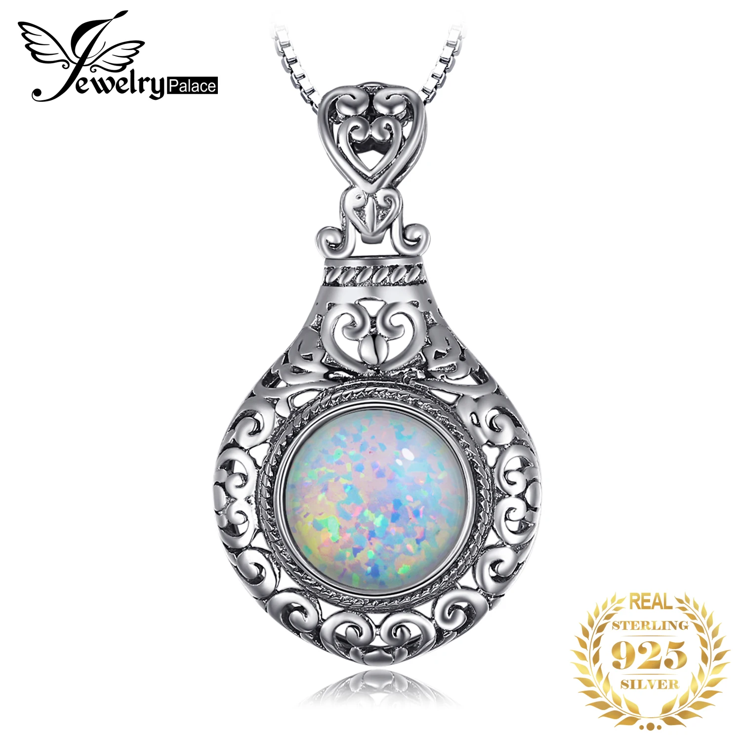 

JewelryPalace Vintage 2.5ct Round Cabochon Created Opal Carving Heart Pendant Necklace 925 Sterling Silver Jewelry Without Chain
