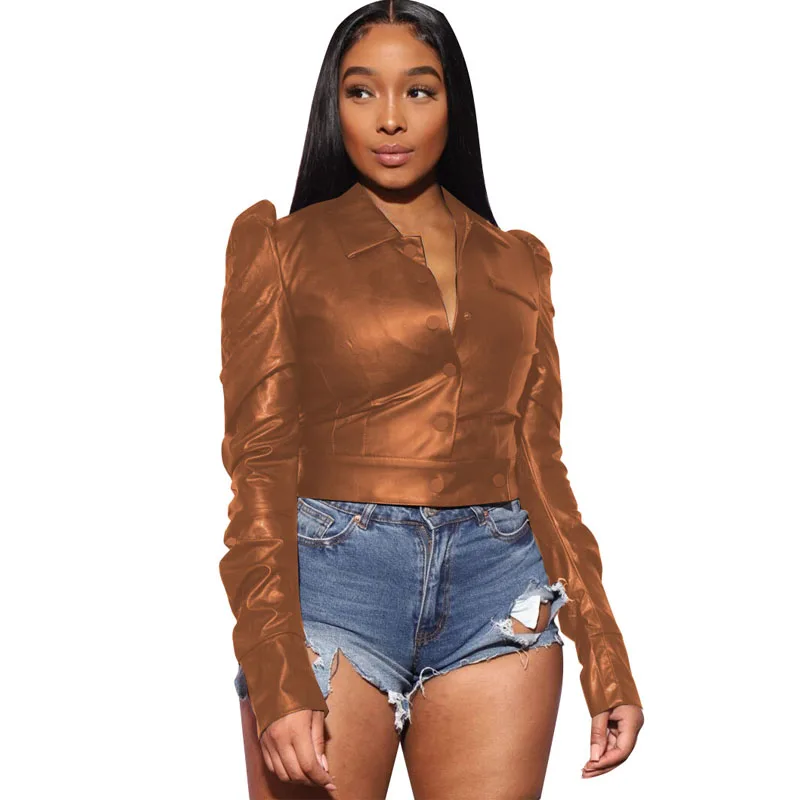 

ZKYZWX Sexy Pu Leather Crop Jacket Women Fall Clothes Harajuku Turndown CollarOuterwear Long Sleeve Faux Leather Cropped Coat
