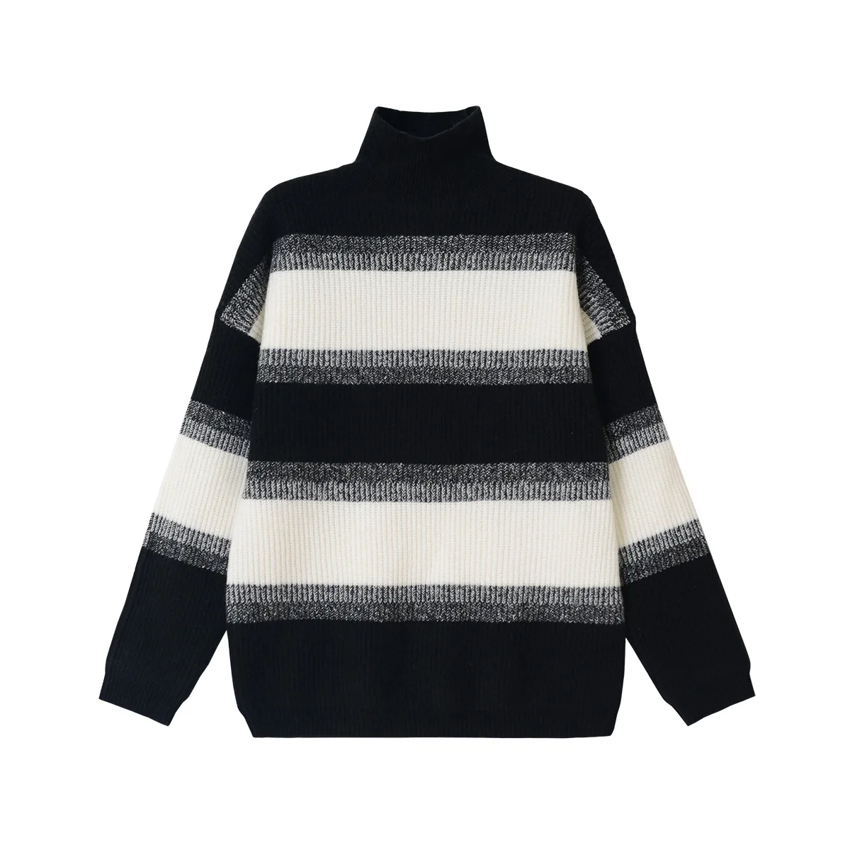 

New 2021 Spring Loose Wide Striped Color Matching Long-sleeved Half-high Collar Thick Knitted Pullover Sweater Women