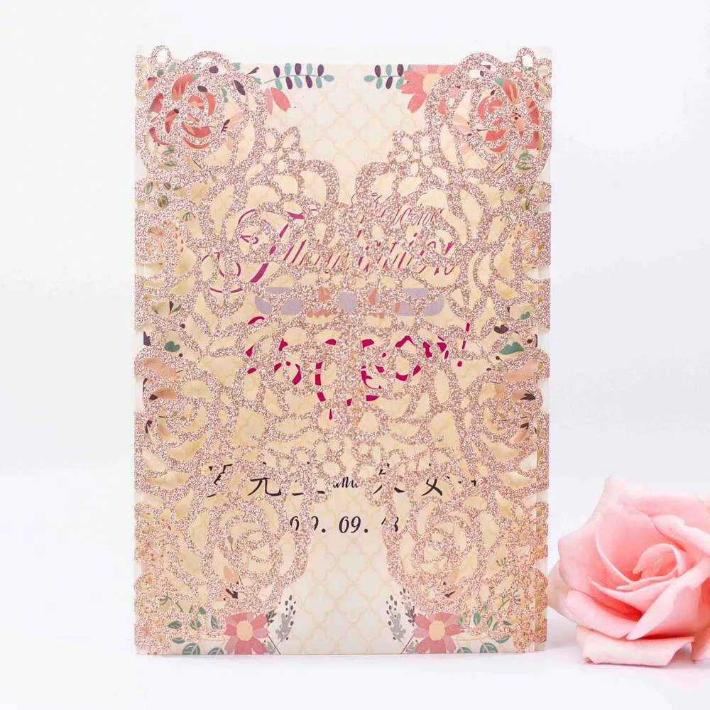 rose red glitter 100 наборы настроить золото/серебро/синий блеск полые и цветок Лазерная резка пригласительные свадебные пригласительные открытки convites+ Band - Цвет: rose red glitter