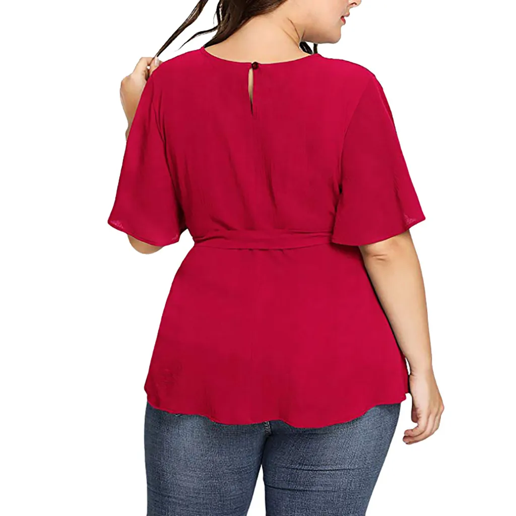 

Wome Tops Ad Bloues 2021 Women's O-neck Solid Plus Size Short Sleeve Shirt Belted Knot Blouse Tops
