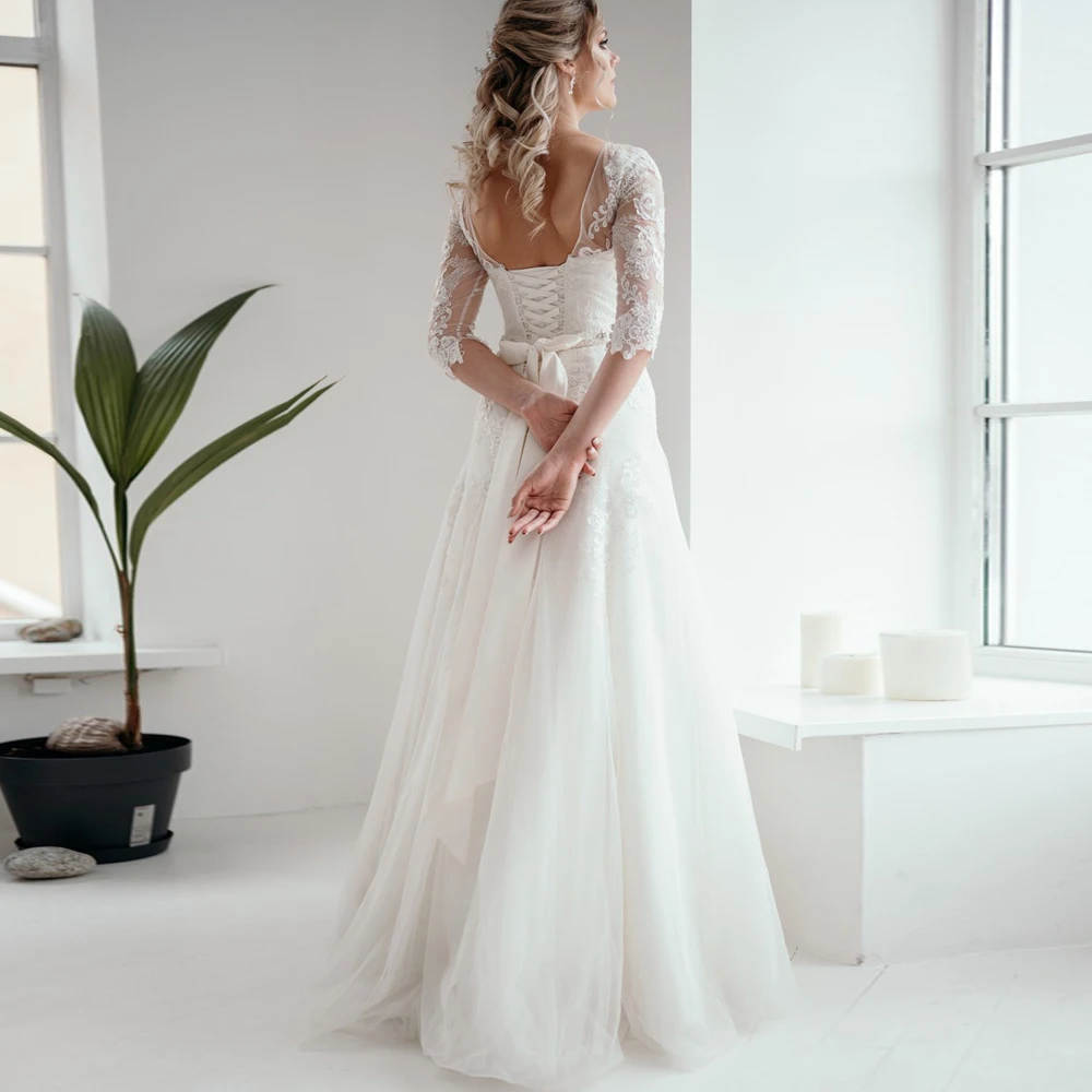 

Elegant Scoop Cap Sleeves Lace Wedding Dresses A-line Bridal Gown Tulle Sweep Train Bride Dress Robe de Mariage