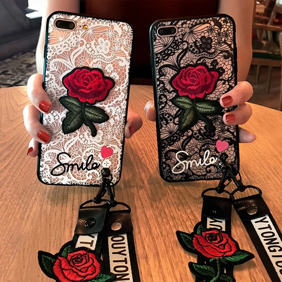 Lace Rose Flower Lanyard Phone Case For Xiaomi Redmi 5 Plus 6 7 6A 7A 8A 9A 9C Note 10 4G 10S 9S 8 8T 9T 9 Pro MAX S2 4 4X Cover