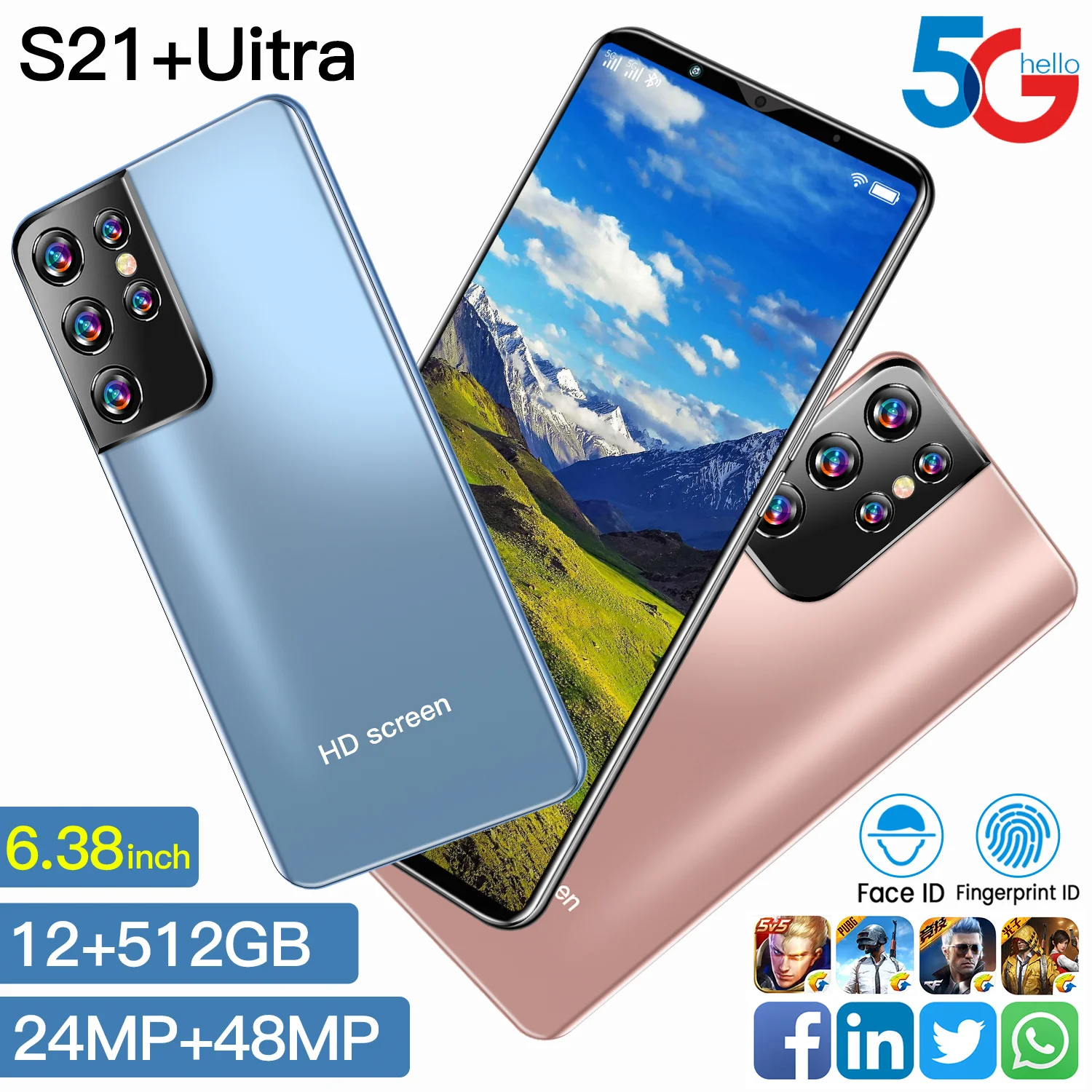 

Cheap Smart Mobile Cell Phone S21 Ultra 6.38Inch Full Screen 10 Core 12+512GB 5000MAH Big Battery Face ID Dual SIM 24+48MP 5G