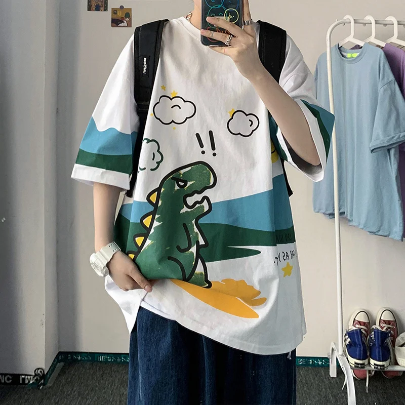 

2021 Funny Tshirt Men's Summer Harajuku Unisex T Shirt Japanese Rock Streetwear Hip Hop Patchwork Loose Dinosaur Tshirts