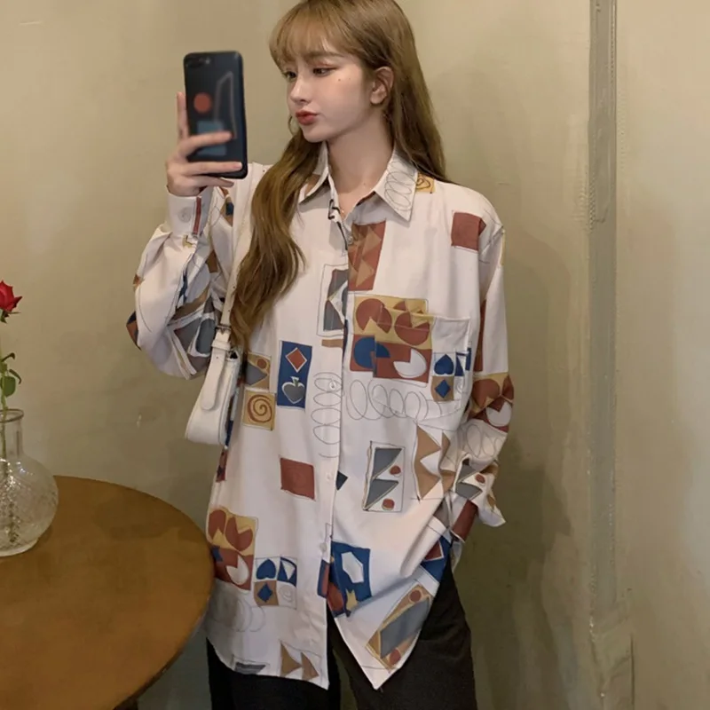 

EFINNY Cartoon Printed Blouse Women Long Sleeve Turn-down Collar Shirts Female Summer Spring Causal Blouses Tops 2021