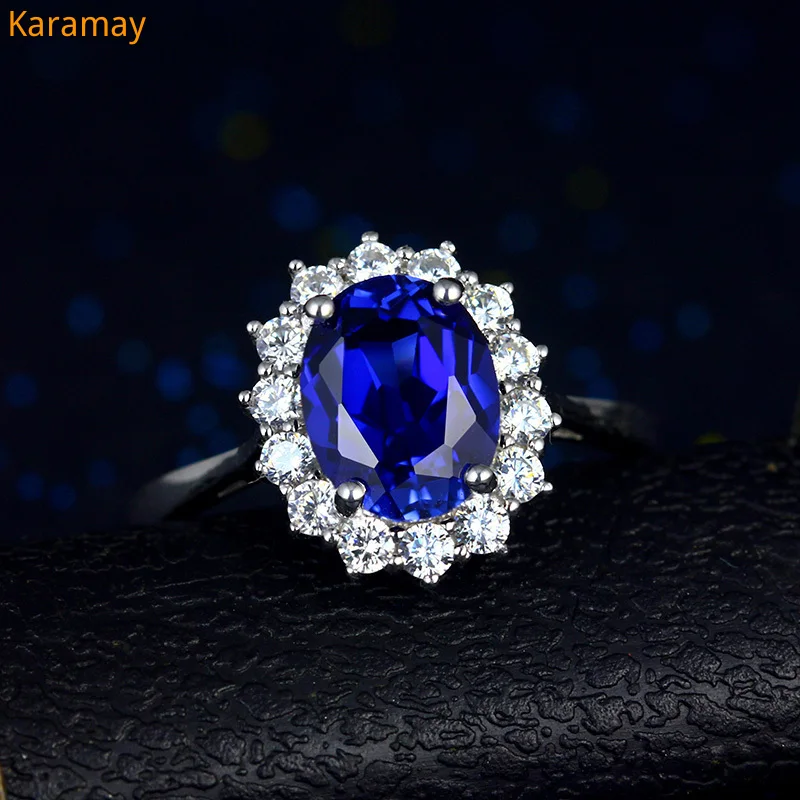 

Luxury Female Natural Blue Sapphire Stone Ring Real Solid 925 Sterling Silver Wedding Rings For Women Big Oval Engagement Ring