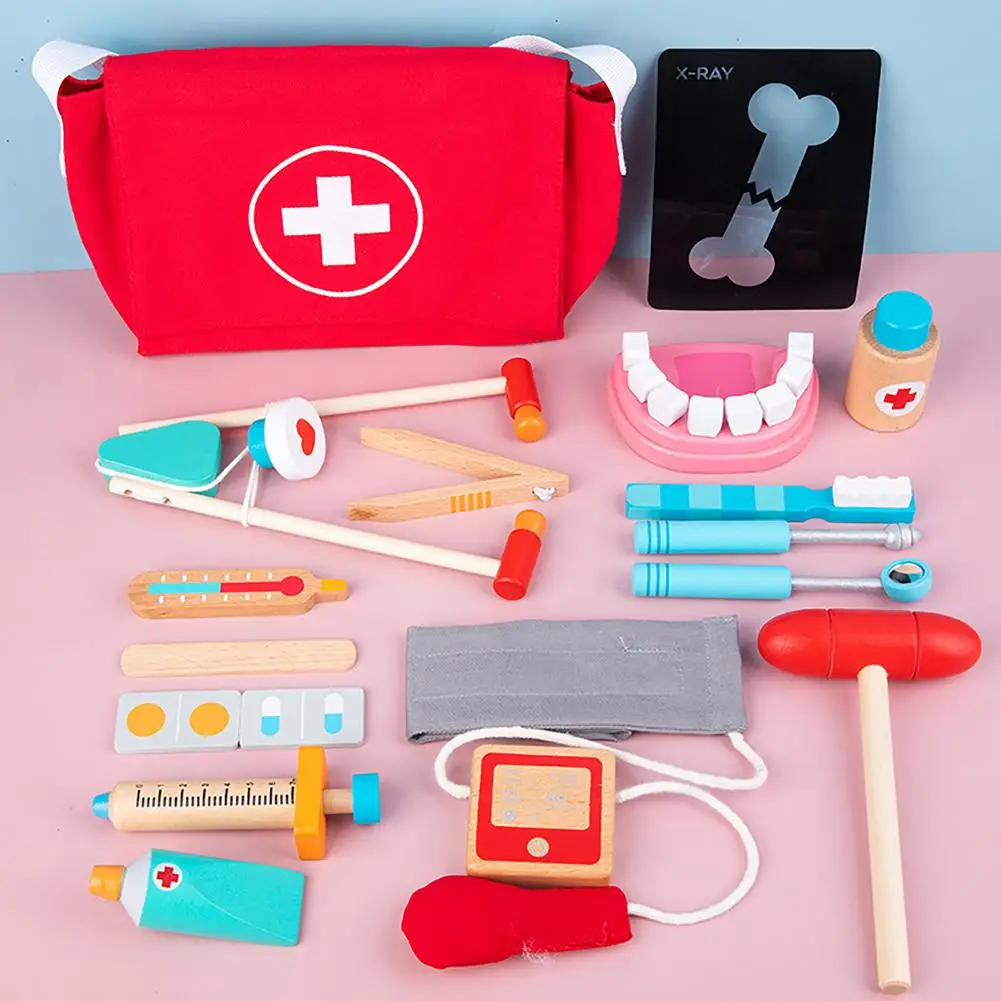 Children Wooden Dentist Doctor Pretend Play Toys Kit Nurse Role Act Game Set Simulation Medical Accessories Bag For Boy Girl Kid