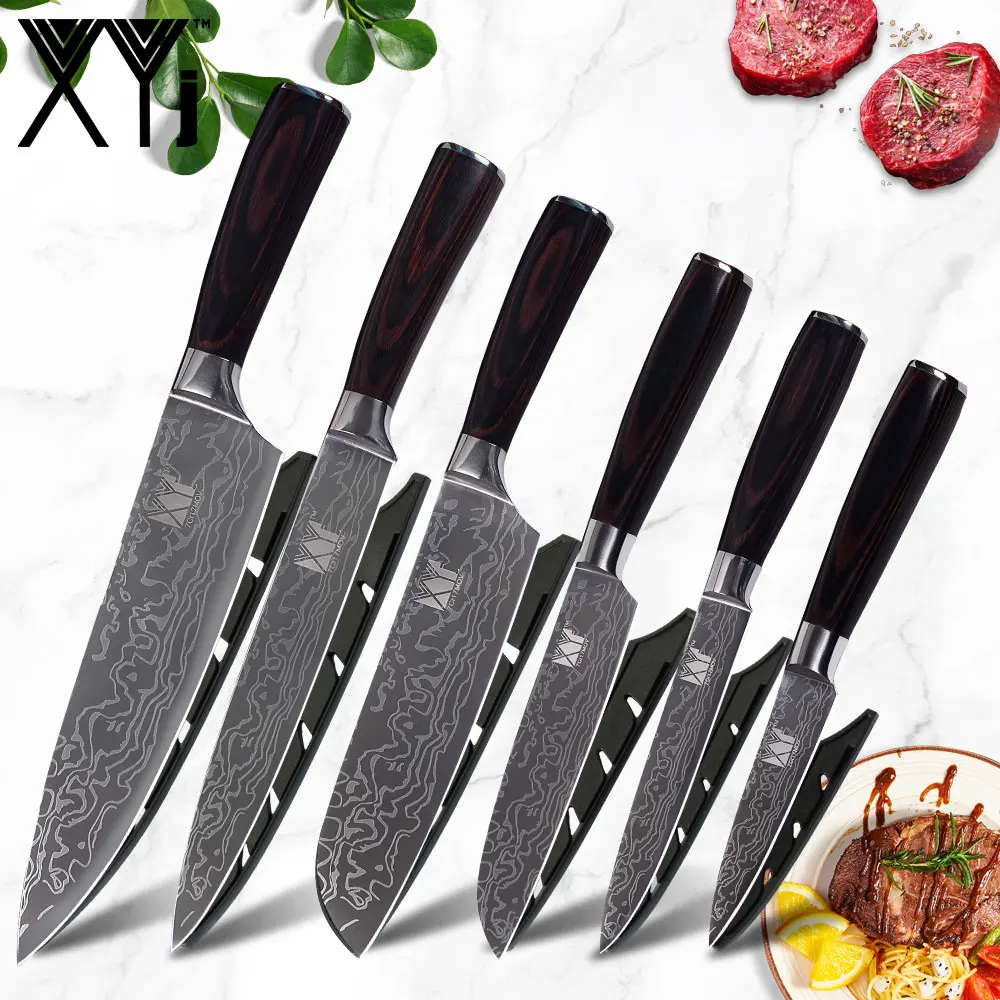 XYj кухонные ножи шеф повара нарезка сантоку универсальные из дамасской